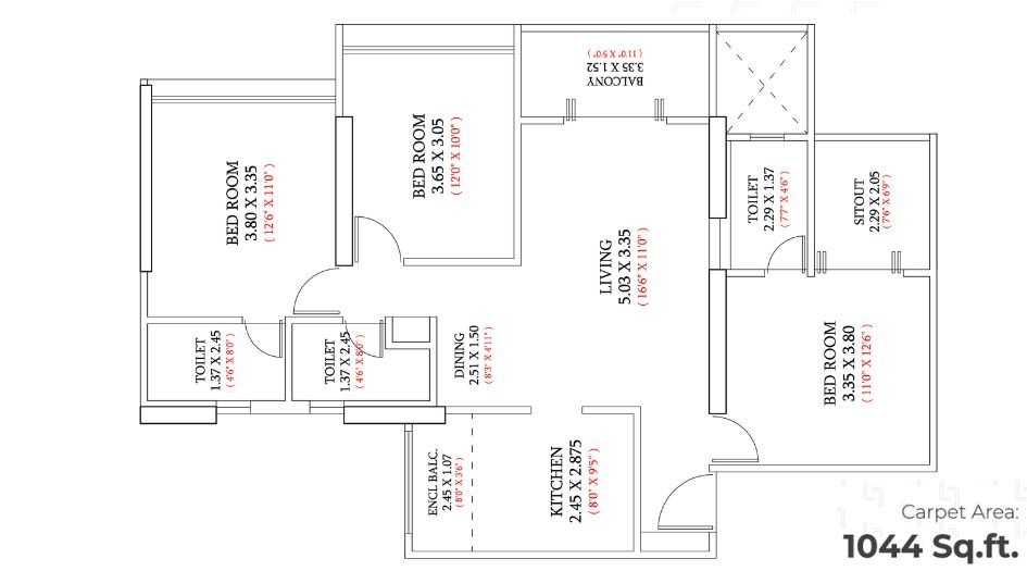 Empyrean-Leela-Floor-Plan-3 BHK-1044 Sqft